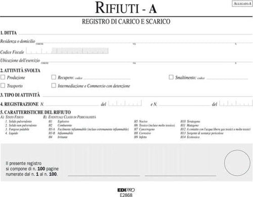 Registro carico-scarico rifiuti detentori (Mod. A) - 22 5 x 29 7cm - 100pg - numerate - Edipro Cancelleria e prodotti per ufficio/Archivio ufficio e accessori per scrivania/Modulistica e conservazione registri/Libri e registri contabili Eurocartuccia - Pavullo, Commerciovirtuoso.it