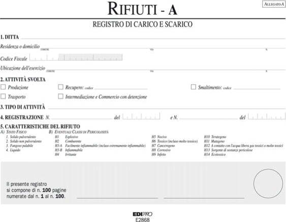 Registro carico-scarico rifiuti detentori (Mod. A) - 22 5 x 29 7cm - 100pg - numerate - Edipro Cancelleria e prodotti per ufficio/Archivio ufficio e accessori per scrivania/Modulistica e conservazione registri/Libri e registri contabili Eurocartuccia - Pavullo, Commerciovirtuoso.it