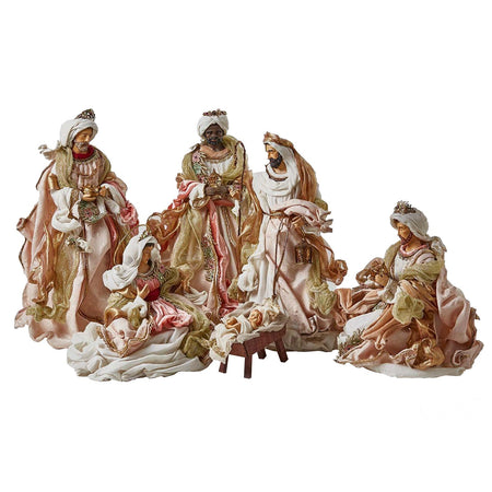 Natività con vestiti in tessuto e Re Magi Bianco e Rosa per presepe Natalizio h 46 cm