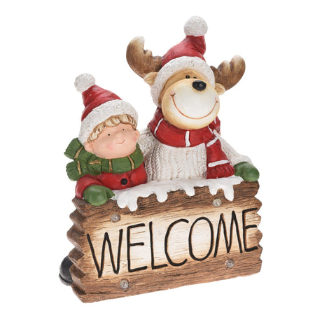 Statua Natalizia Welcome con renna in poliresina decorazione con led h 50 cm
