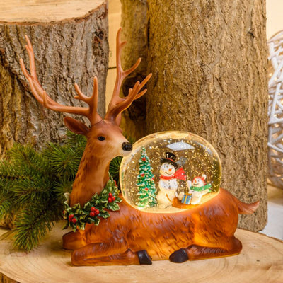 Renna natalizia con glitter led in plastica con pupazzi di neve decorazione per interno h 26 cm