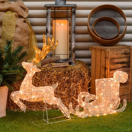 Renna con slitta decorativa 3D con telaio bianco 160 led Ø 5 mm per decorazioni natalizie h 60 cm