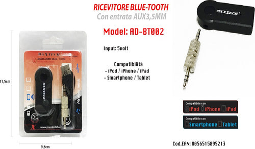 Ricevitore Adattatore Jack 3.5mm Vivavoce Bluetooth Stereo Audio Maxtech Ad-bt002 Elettronica e telefonia > Accessori Audio e Video > Cavi Audio e Video Trade Shop italia - Napoli, Commerciovirtuoso.it