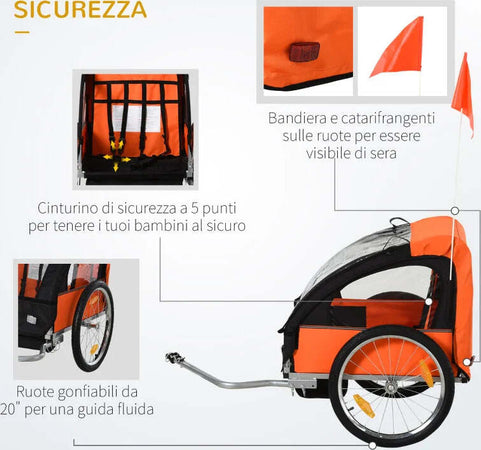 Rimorchio-Bici-Bambini-con-2-Posti,-2-Cinture-di-Sicurezza,-Telaio-in-Acciaio-e-Copertura-in-Tessuto-Oxford-Arancione-YB6440-008OGYB6