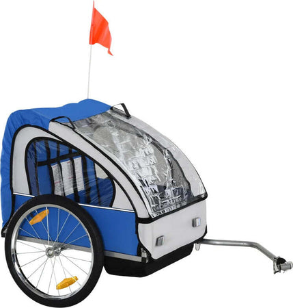 Rimorchio-Bici-Bambini-con-2-Posti,-2-Cinture-di-Sicurezza,-Telaio-in-Acciaio-e-Copertura-in-Tessuto-Oxford-Blu-RE7440-008BURE7