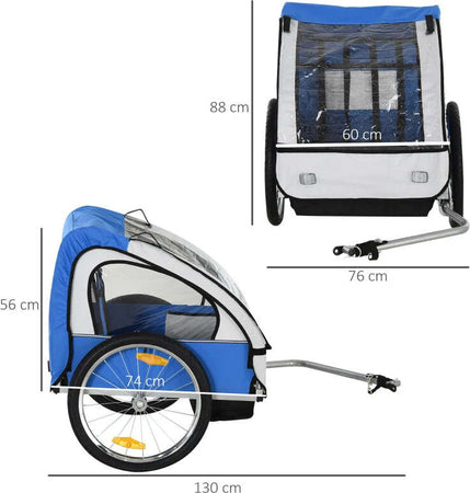 Rimorchio-Bici-Bambini-con-2-Posti,-2-Cinture-di-Sicurezza,-Telaio-in-Acciaio-e-Copertura-in-Tessuto-Oxford-Blu-RE7440-008BURE7
