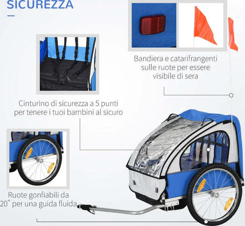Rimorchio-Bici-Bambini-con-2-Posti,-2-Cinture-di-Sicurezza,-Telaio-in-Acciaio-e-Copertura-in-Tessuto-Oxford-Blu-RE7440-008BURE7