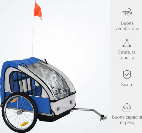 Rimorchio-Bici-Bambini-con-2-Posti,-2-Cinture-di-Sicurezza,-Telaio-in-Acciaio-e-Copertura-in-Tessuto-Oxford-Blu-RE7440-008BURE7