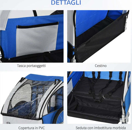 Rimorchio-Bici-Bambini-con-2-Posti,-2-Cinture-di-Sicurezza,-Telaio-in-Acciaio-e-Copertura-in-Tessuto-Oxford-Blu-RE7440-008BURE7
