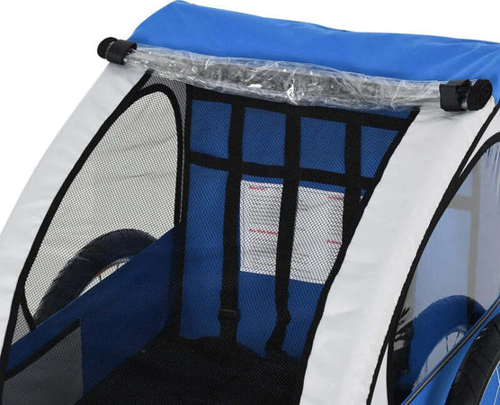 Rimorchio-Bici-Bambini-con-2-Posti,-2-Cinture-di-Sicurezza,-Telaio-in-Acciaio-e-Copertura-in-Tessuto-Oxford-Blu-RE7440-008BURE7