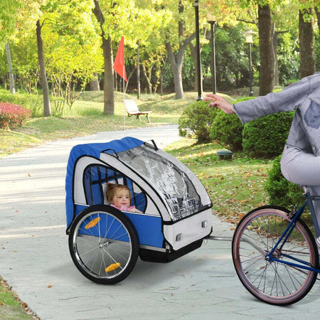 Rimorchio-Bici-Bambini-con-2-Posti,-2-Cinture-di-Sicurezza,-Telaio-in-Acciaio-e-Copertura-in-Tessuto-Oxford-Blu-RE7440-008BURE7