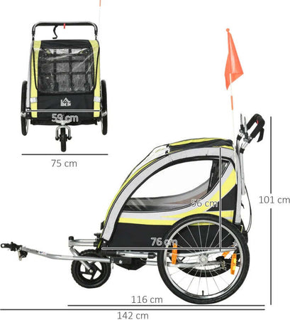 Rimorchio-Bici-per-Bambini-Passeggino,-Design-2-in-1-con-Freno,-Cintura-a-5-Punti-e-Tasche-Laterali,-Riflettori,-116-142Lx75Px101Acm,-Giallo-MG5440-026YLMG5