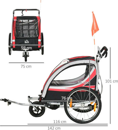 Rimorchio-Bici-per-Bambini-Passeggino,-Design-2-in-1-con-Freno,-Cintura-a-5-Punti-e-Tasche-Laterali,-Riflettori,-116-142Lx75Px101Acm,-Multicolore-TD7440-026RDTD7