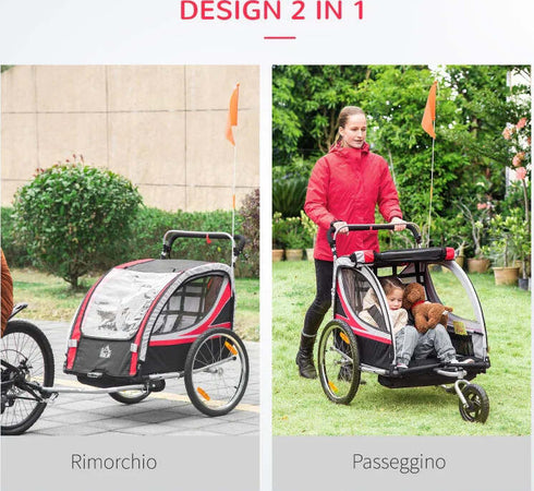 Rimorchio-Bici-per-Bambini-Passeggino,-Design-2-in-1-con-Freno,-Cintura-a-5-Punti-e-Tasche-Laterali,-Riflettori,-116-142Lx75Px101Acm,-Multicolore-TD7440-026RDTD7