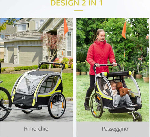 Rimorchio-Bici-per-Bambini-Passeggino,-Design-2-in-1-con-Freno,-Cintura-a-5-Punti-e-Tasche-Laterali,-Riflettori,-116-142Lx75Px101Acm,-Giallo-MG5440-026YLMG5
