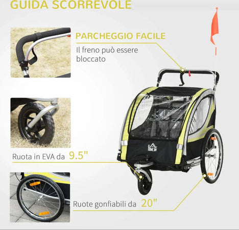 Rimorchio-Bici-per-Bambini-Passeggino,-Design-2-in-1-con-Freno,-Cintura-a-5-Punti-e-Tasche-Laterali,-Riflettori,-116-142Lx75Px101Acm,-Giallo-MG5440-026YLMG5