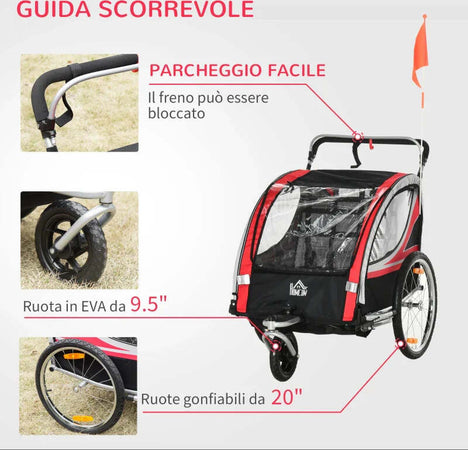 Rimorchio-Bici-per-Bambini-Passeggino,-Design-2-in-1-con-Freno,-Cintura-a-5-Punti-e-Tasche-Laterali,-Riflettori,-116-142Lx75Px101Acm,-Multicolore-TD7440-026RDTD7