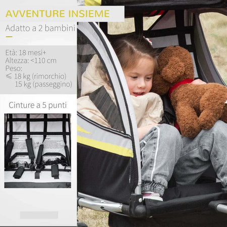 Rimorchio-Bici-per-Bambini-Passeggino,-Design-2-in-1-con-Freno,-Cintura-a-5-Punti-e-Tasche-Laterali,-Riflettori,-116-142Lx75Px101Acm,-Giallo-MG5440-026YLMG5