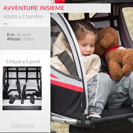 Rimorchio-Bici-per-Bambini-Passeggino,-Design-2-in-1-con-Freno,-Cintura-a-5-Punti-e-Tasche-Laterali,-Riflettori,-116-142Lx75Px101Acm,-Multicolore-TD7440-026RDTD7