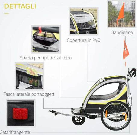 Rimorchio-Bici-per-Bambini-Passeggino,-Design-2-in-1-con-Freno,-Cintura-a-5-Punti-e-Tasche-Laterali,-Riflettori,-116-142Lx75Px101Acm,-Giallo-MG5440-026YLMG5