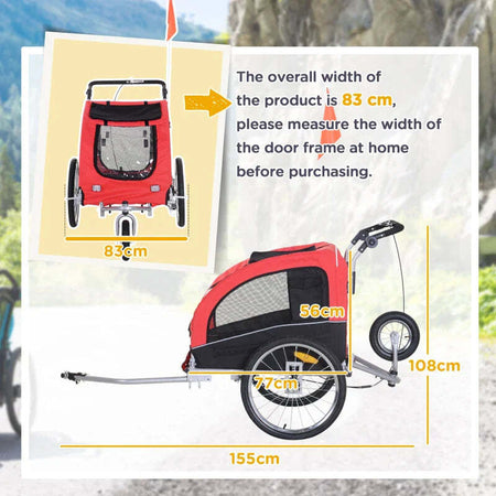 Rimorchio-Bici-per-Cani-Taglia-Media-a-2-Ingressi-con-Finestrelle-e-Tettuccio-Apribile,-126-155x83x108-cm,-Rosso-GB65663-1289GB6