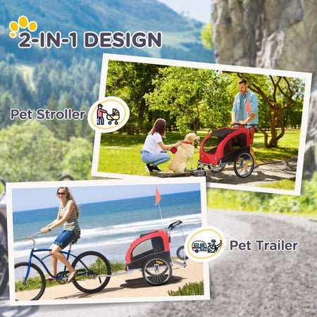 Rimorchio-Bici-per-Cani-Taglia-Media-a-2-Ingressi-con-Finestrelle-e-Tettuccio-Apribile,-126-155x83x108-cm,-Rosso-GB65663-1289GB6