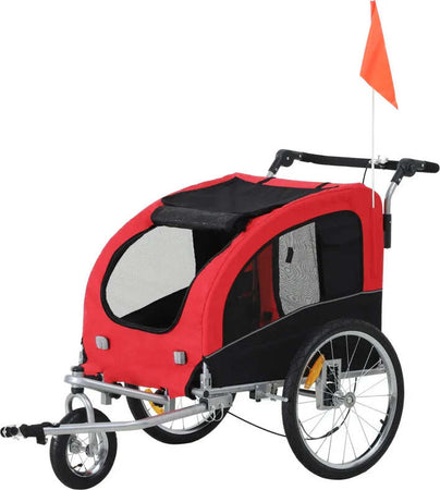 Rimorchio-Bici-per-Cani-Taglia-Media-a-2-Ingressi-con-Finestrelle-e-Tettuccio-Apribile,-126-155x83x108-cm,-Rosso-GB65663-1289GB6