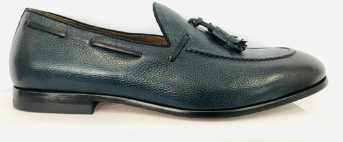 ROSSI Mocassino uomo in pelle blu fondo cuoio con decorazione frontale