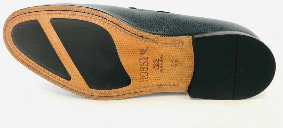 ROSSI Mocassino uomo in pelle blu fondo cuoio con decorazione frontale