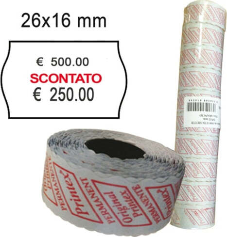 Rotolo da 1000 etichette a onda per Printex Smart 16-2616 - SCONTATO - 26x16 mm - adesivo permanente - bianco - Printex - pack 10 rotoli Cancelleria e prodotti per ufficio/Archivio ufficio e accessori per scrivania/Etichette divisori per schedario e timbri/Etichette ed etichette adesive/Etichette per prezzatrici Eurocartuccia - Pavullo, Commerciovirtuoso.it