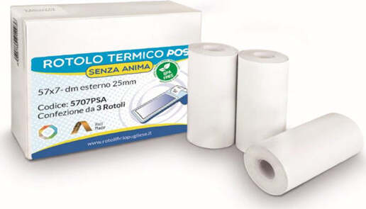 Rotolo per POS e carte di credito - carta termica BPA free - 57 mm x 7 mt - 55 g-m2 - diametro esterno 25 mm - senza anima - Rotolificio Pugliese - blister 3 pezzi Cancelleria e prodotti per ufficio/Elettronica per ufficio/Accessori/Carta in rotoli Eurocartuccia - Pavullo, Commerciovirtuoso.it