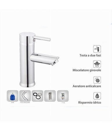 Rubinetto Bagno Cromato Lucido Miscelatore Orientabile Lavabo A Canna Bassa 87386