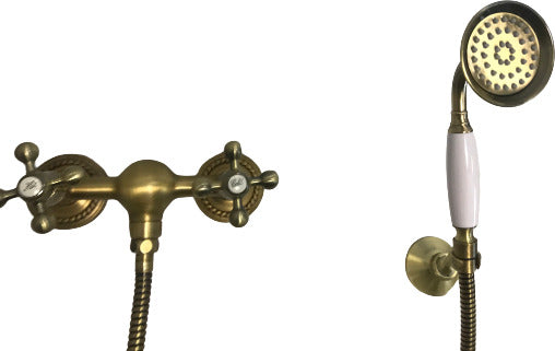 Rubinetto doccia bronzato, vecchio ottone maniglie a stella rosoni decorati