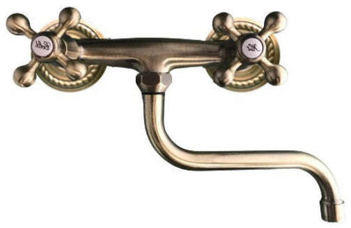 Rubinetto gruppo lavello a parete bronzato, vecchio ottone maniglie a stella rosoni decorati