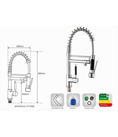 Rubinetto Lavello Cucina A 2 Vie Orientabile Con Doccetta In Ottone Cromato 59286