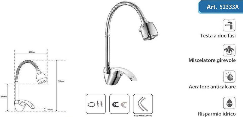 Rubinetto Miscelatore A Canna Alta Flessibile Doccetta Modello Napoli 52333a Fai da te/Attrezzature per cucine e bagni/Attrezzature per bagni/Rubinetti per lavandini bagno Trade Shop italia - Napoli, Commerciovirtuoso.it