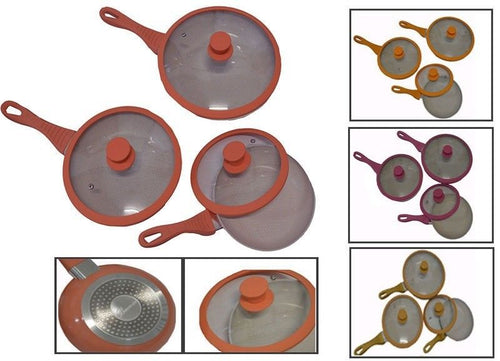 Set padelle antiaderenti pietra 6 pezzi 3 padelle+3 coperchi colorate Bavaria