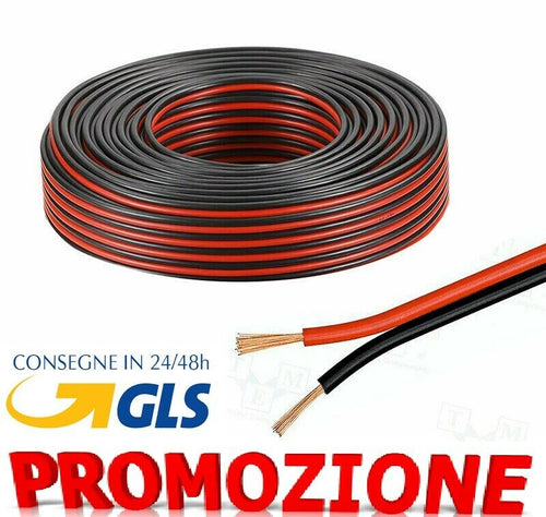 Rotolo cavo audio altoparlante filo 50mt impianto stereo rosso e nero 2x0,5mm²