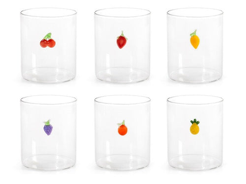 set sei bicchieri in vetro borosilicato trasparente con miniature esterne decori assortiti cl 42H&H