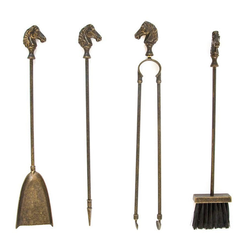 SET ATTREZZI CAMINO GRUPPO CAVALLO FERRO BATTUTO CM. 18X70H ACCESSORI CAMINETTO