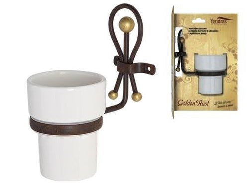 PORTA SPAZZOLINO CERAMICA FERRO BATTUTO BICCHIERE PER SPAZZOLINI ARREDO BAGNO