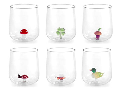set sei bicchieri in vetro borosilicato trasparente con miniature interne decori assortiti cl 46H&H