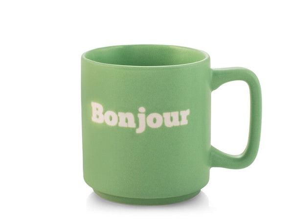 Tazza in Ceramica verde con Scritta "Bonjour" - Capacità 320 ccH&H