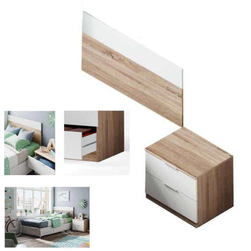 TESTIERA LETTO SINGOLO 50X100 CM + COMODINIO 2 CASSETTI ROVERE BIANCO MODERNA