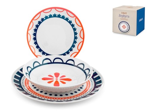 Servizio 18 pezzi tavola zephyra in porcellana decorata forma coupeH&H