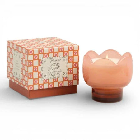 Candela in vetro a forma di tulipano, 155 g/5,5 oz, rosa e arancione bruciato - Fiore di cactus
