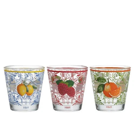 H&H - Confezione 3 bicchieri fruits h&h in vetro decorato cl 25