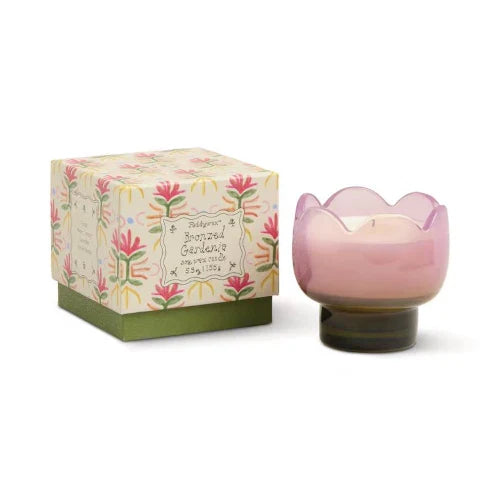 Candela in vetro Tulipano da 155 g (5,5 oz) viola e verde - Gardenia bronzata