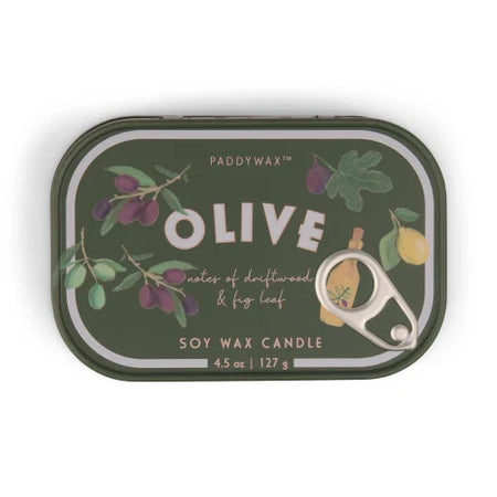 Candela in latta stampata Bistro da 127 g (4,5 oz) con motivo a olive - Fico e Oliva