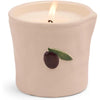 Candela in ceramica Bistro da 226 g (8 oz) con decorazione a rilievo a forma di oliva - Fico e oliva, confezionata in scatola.